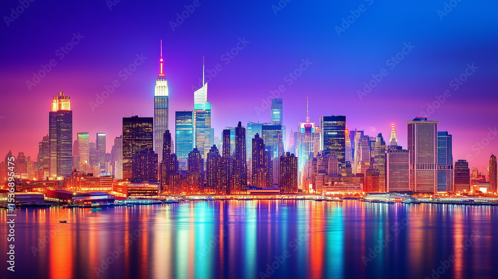 Fototapeta premium Vibrant City Skyline at Night with Reflections on Water