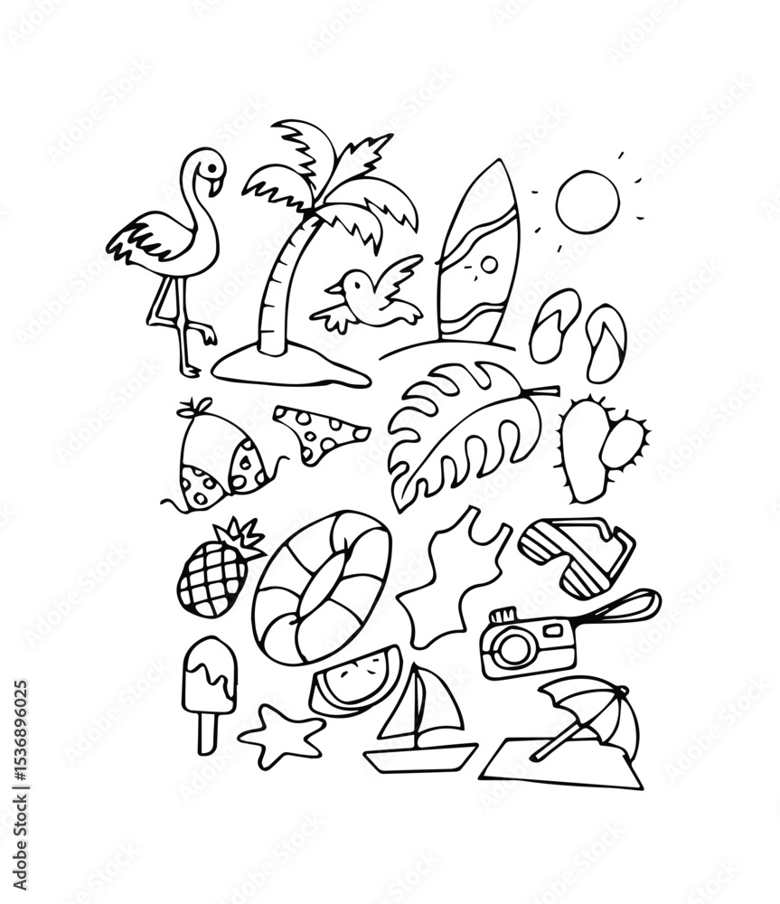 Naklejka premium summer set doodle style hand drawn sketch vector illustration 
