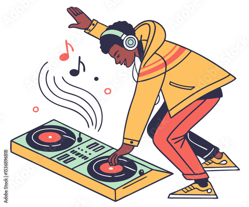 vector of a DJ using turntables and audio mixer, wearing headphones, energetic pose, white background
