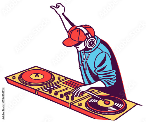 vector of a DJ using turntables and audio mixer, wearing headphones, energetic pose, white background
