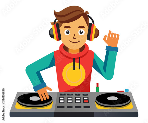 vector of a DJ using turntables and audio mixer, wearing headphones, energetic pose, white background
