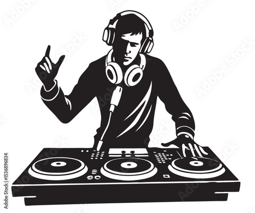 vector of a DJ using turntables and audio mixer, wearing headphones, energetic pose, white background
