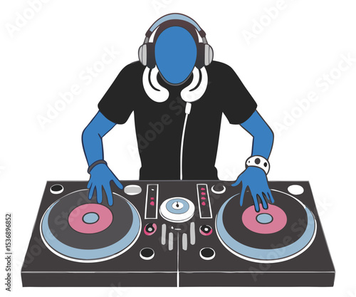 vector of a DJ using turntables and audio mixer, wearing headphones, energetic pose, white background
