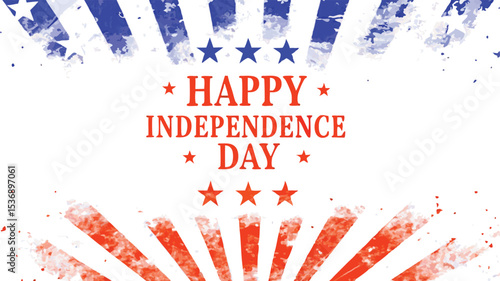 Happy independence day text with red and blue starburst design on a white background for celebration