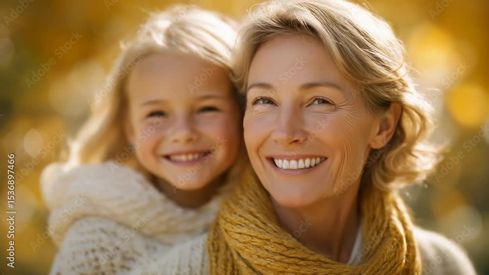 A joyful autumn walk between a grandmother and granddaughter A joyful autumn walk between a grandmother and granddaughter