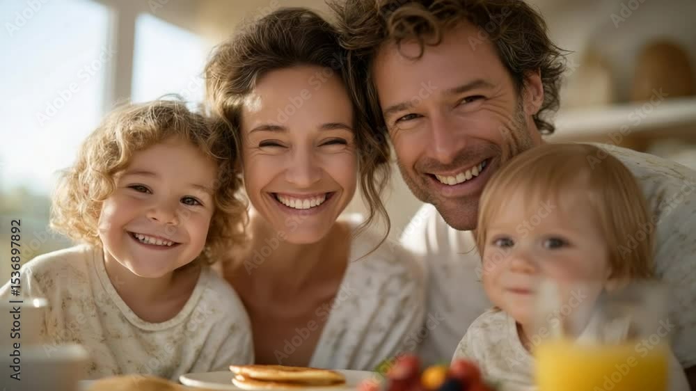 A joyful family enjoying breakfast together at home A joyful family enjoying breakfast together at home