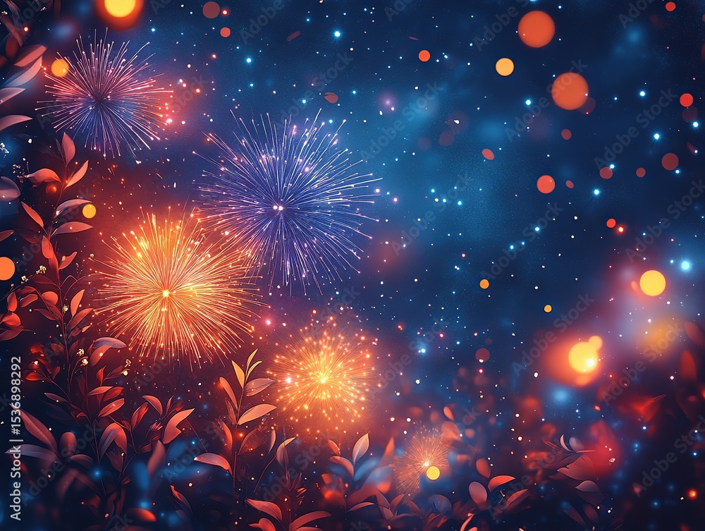 Obraz premium Vibrant Fireworks Display with Luminous Orbs and Leafy Foliage in a Deep Blue Night Sky