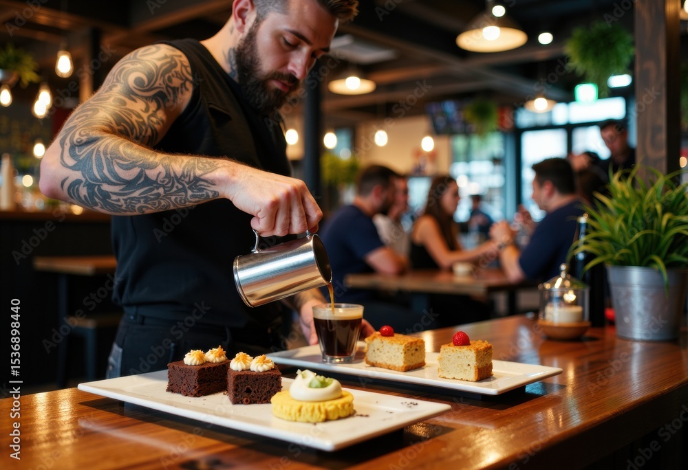A bartender pours coffee over desserts in a lively cafe setting with customers in the background A bartender pours coffee over desserts in a lively cafe setting with customers in the background