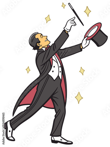 vector of a magician in tuxedo performing trick with wand and top hat, white background
