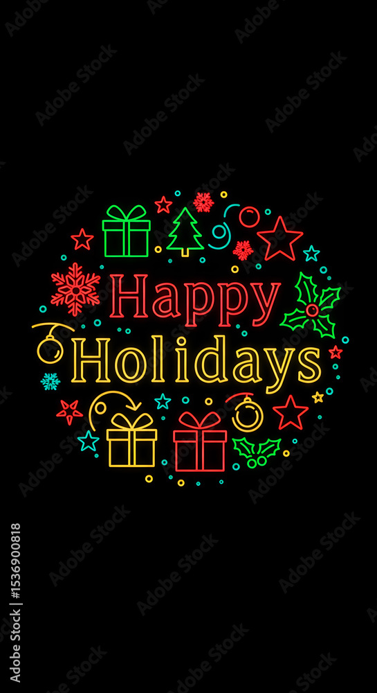 Modern Neon Christmas and Holiday Greeting with Icon Elements Modern Neon Christmas and Holiday Greeting with Icon Elements