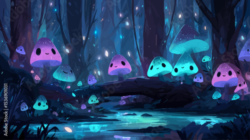 Enchanted bioluminescent forest with glowing mushrooms and magical stream creates mystical fantasy atmosphere perfect for Halloween or supernatural themes
