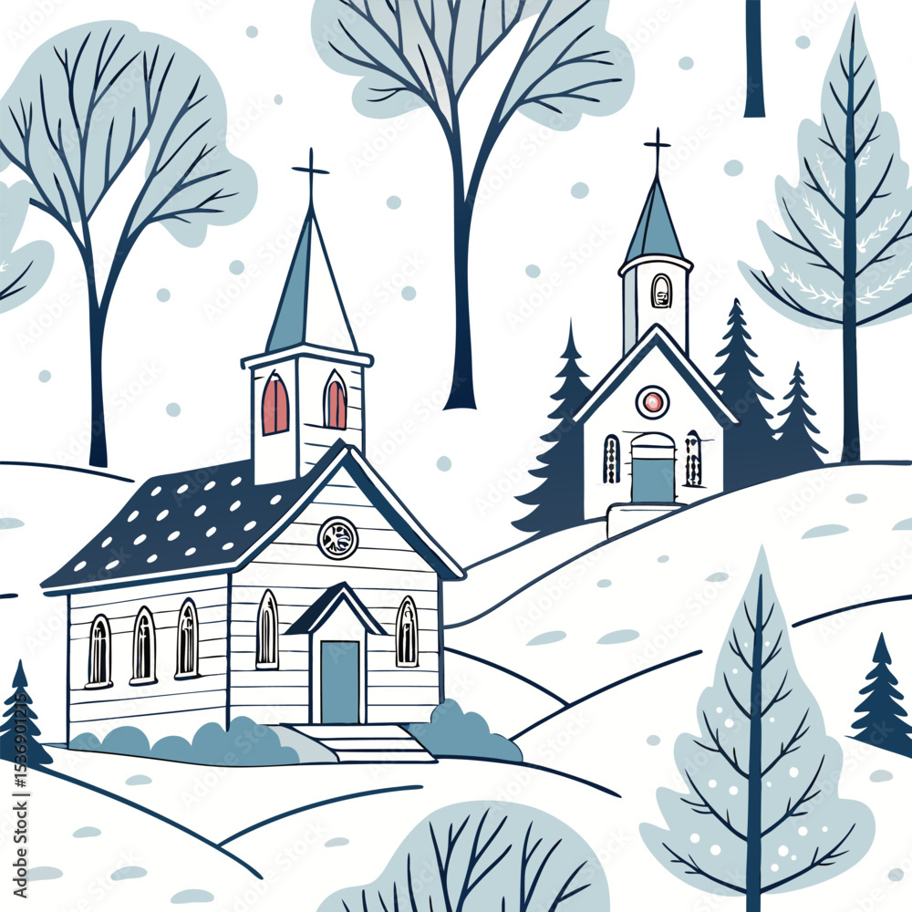 Naklejka premium Repeating Rural Church and Pine Trees Pattern