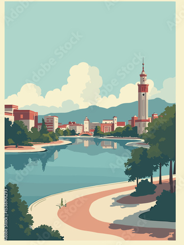 Oakland, California — Lake Merritt, Jack London Square, Tribune Tower in lake blue, square red, tower grey, and cream