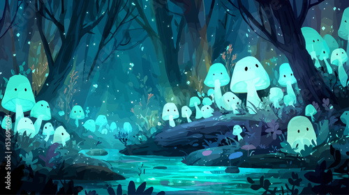 Enchanted bioluminescent forest with glowing mushrooms and magical stream creates mystical fantasy atmosphere perfect for Halloween or supernatural themes
