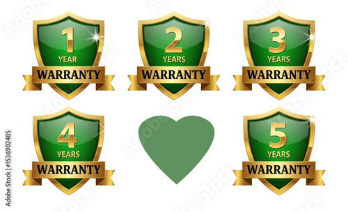 Warranty Badges Set with Green Shields and Gold Ribbon Banner | Product Guarantee Icons for Sales and Marketing Materials