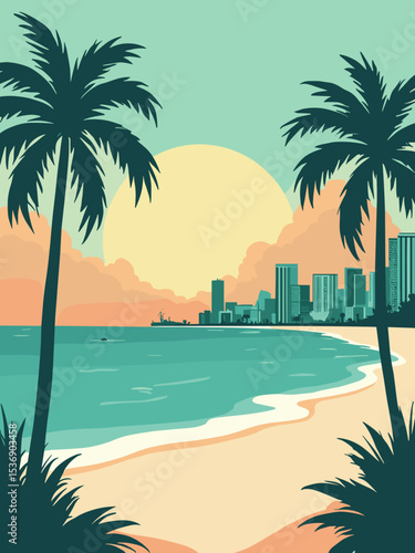 Miami, Florida — Art Deco Beach, palm trees, city skyline in deco teal, palm green, sunset orange, and white