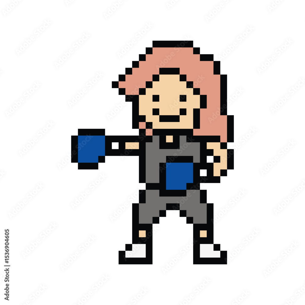 Fototapeta premium Cartoon cute pixel character woman exercises training boxing pugilism punch lifestyle decor life style 8 bit female lady boxing fisticuffs gym game 8bit fitness isolated PNG vector.