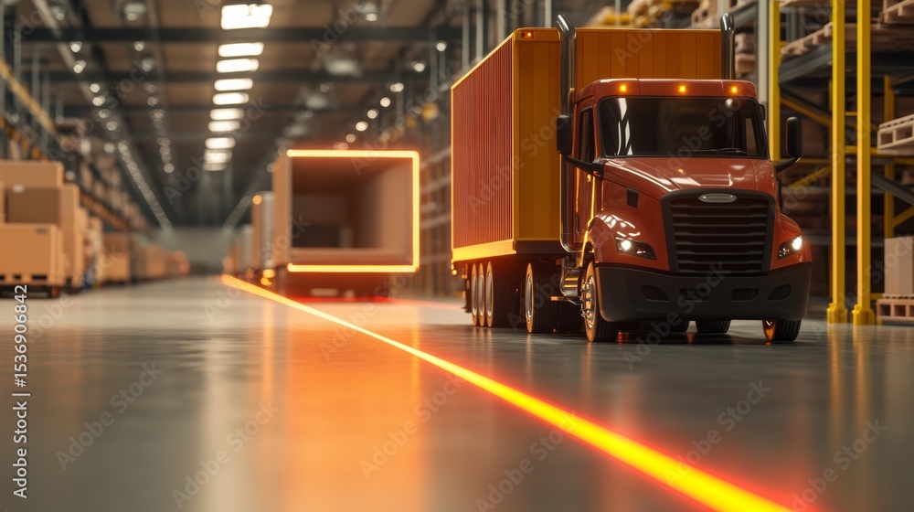 AI in logistics managing self-driving delivery trucks, glowing route lines, warehouse in background, AI in logistics managing self-driving delivery trucks, glowing route lines, warehouse in background,