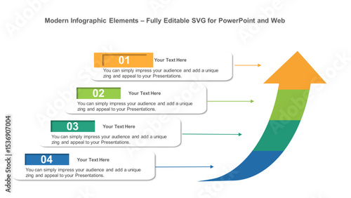 4-Step Ascending Arrow Infographic for PowerPoint Presentation. Fully editable vector SVG file compatible with PowerPoint, Illustrator, and most vector-based applications.