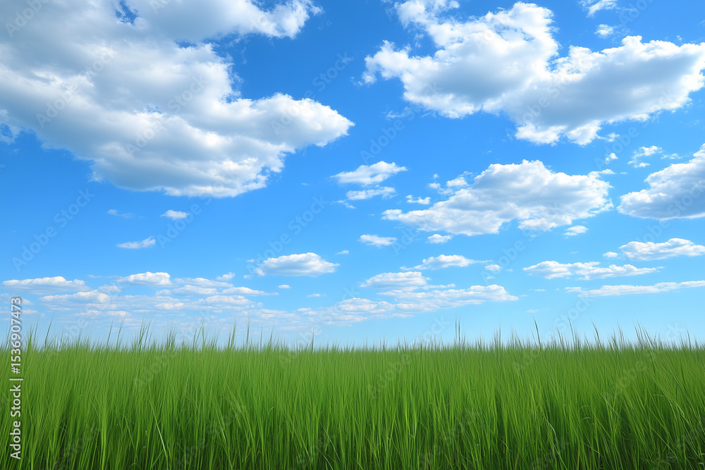 Obraz premium Green Grass Field under Blue Sky with White Clouds