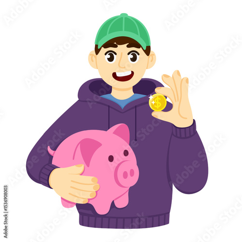 Happy teenager showing gold coin while holding piggy bank, recommending saving money for future stability. Money saving concept. Vector illustration