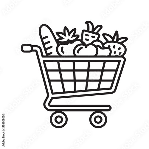 Shopping cart with food items and household goods vector