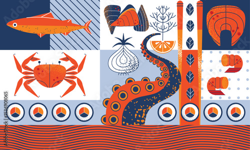 Seafood geometric pattern with octopus, crab, fish, oysters