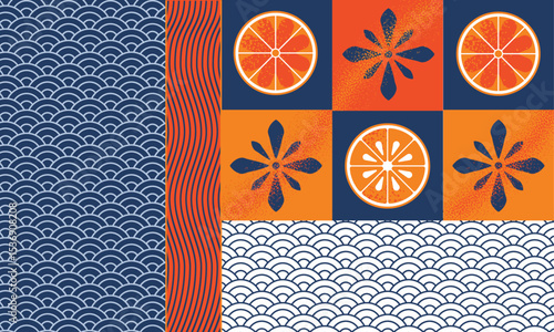 Seafood asian geometric pattern citrus menu orange lemon