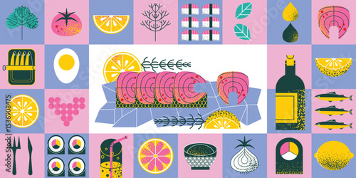 Seafood  geometric pattern with salmon, sardines