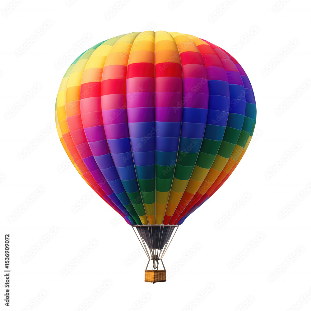 Fototapeta premium A colorful hot air balloon with vertical stripes in vibrant rainbow hues rises against a black backdrop.