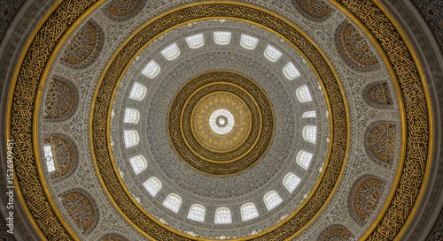 Ornate circular islamic patterns and arabic calligraphy on domed ceiling