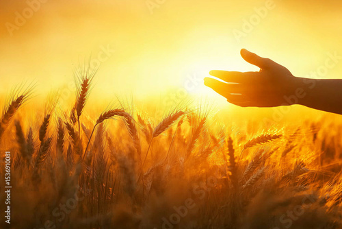 Hand Touching Ripe Wheat in Field Concept Background at Harvest Time