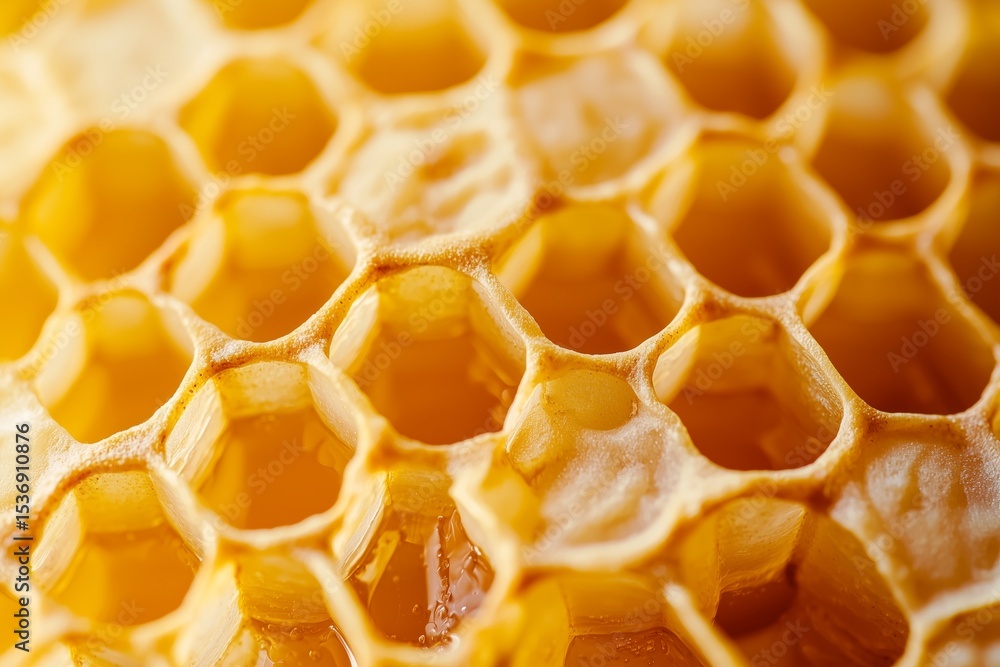 Highly detailed close-up of golden natural beeswax honeycomb showing symmetrical hexagonal cells, soft light reflections, and delicate wax texture—organic structure for backgrounds or eco designs Highly detailed close-up of golden natural beeswax honeycomb showing symmetrical hexagonal cells, soft light reflections, and delicate wax texture—organic structure for backgrounds or eco designs