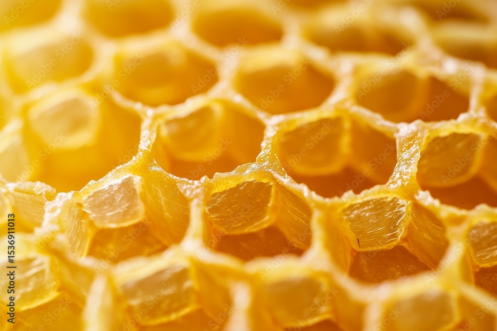 Macro photograph of symmetrical beeswax honeycomb showing perfect hexagonal cells, rich golden yellow tone and fine wax detail—natural geometric background for organic, food, or pattern design Macro photograph of symmetrical beeswax honeycomb showing perfect hexagonal cells, rich golden yellow tone and fine wax detail—natural geometric background for organic, food, or pattern design