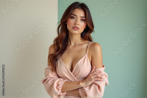 A woman poses for a photo wearing a bright pink dress, perfect for editorial or commercial use
