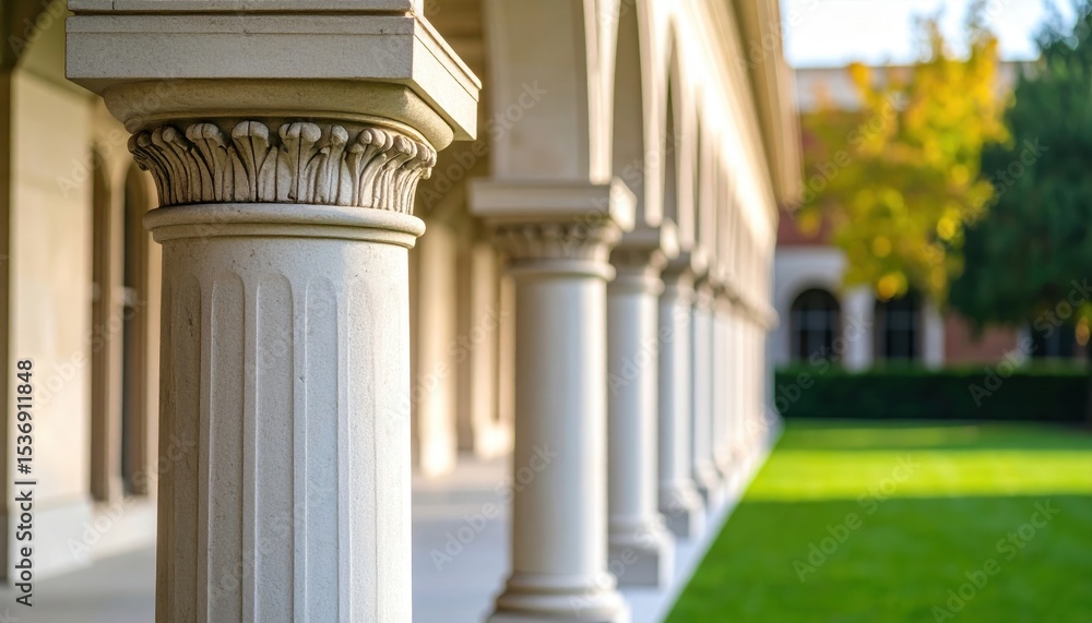 Fototapeta premium Elegant stone columns lining a sunlit corridor with lush green grass and trees in the background