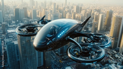 Futuristic drone taxi over cityscape