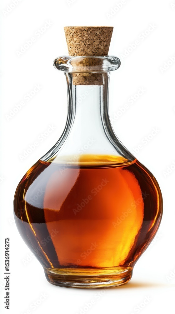 Unique glass bottle filled with amber liquid displayed on a white background Unique glass bottle filled with amber liquid displayed on a white background