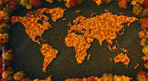 Autumnal World Map: A Stunning Aerial View of Fall Foliage Forming the Continents