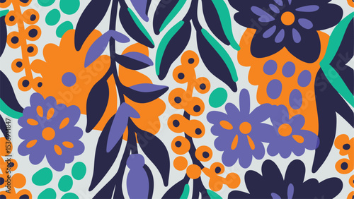 A vibrant floral pattern featuring orange, purple, and green elements on a light background design style