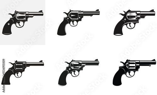 Revolver Gun Vector Set Black Silhouette Handgun Illustrations Collection
