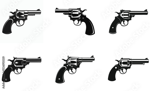 Revolver Gun Vector Set Black Silhouette Handgun Illustrations Collection
