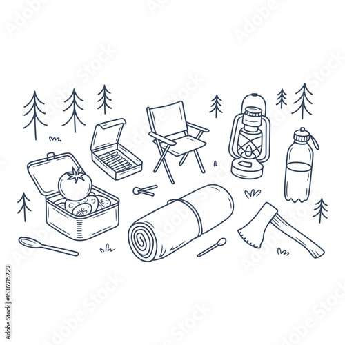 Camping equipment and supplies for outdoor adventure outlined on white