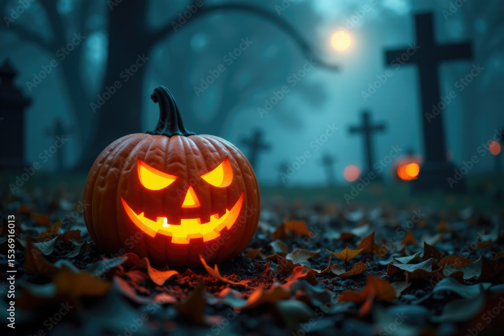 Fototapeta premium A spooky halloween pumpkin sits amidst tombstones in a quiet cemetery