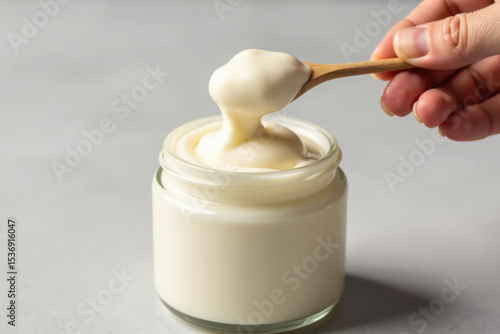 A hand holds a wooden spoon above a jar of cream, ready to stir or scoop
