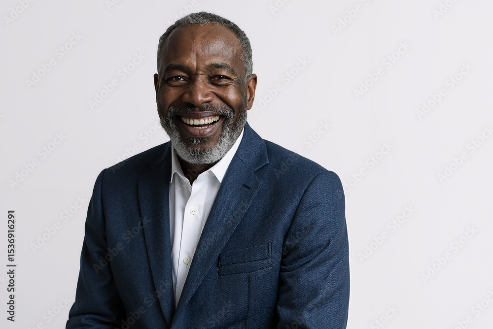 smiling elderly african man in a formal suit, posing against a neutral background, embodying confidence and happiness, showcasing joy and warmth smiling elderly african man in a formal suit, posing against a neutral background, embodying confidence and happiness, showcasing joy and warmth