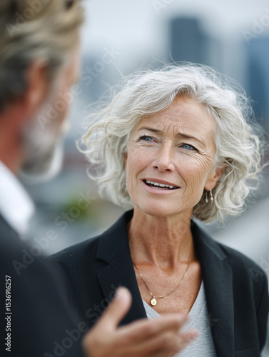 Senior businesswoman engaged in meaningful dialogue with businessman outdoors
