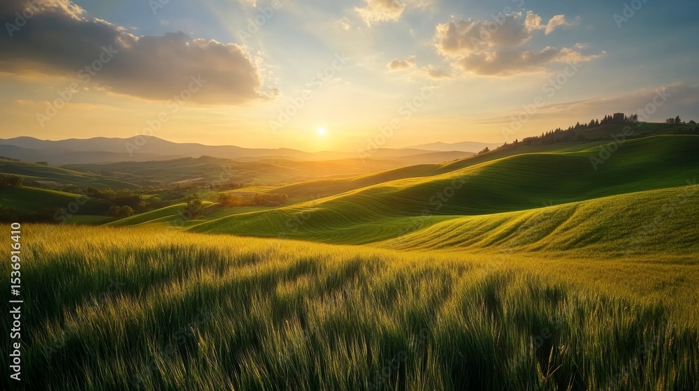 Obraz premium golden hour in the countryside, warm sun rays over rolling hills