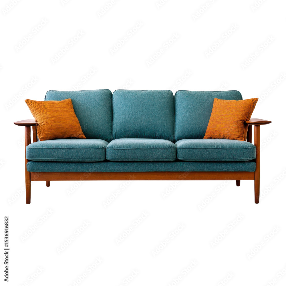 Stylish Mid-Century Modern Sofa with Blue Fabric and Decorative Cushions for Elegant Living Room Decor transparent background Stylish Mid-Century Modern Sofa with Blue Fabric and Decorative Cushions for Elegant Living Room Decor transparent background