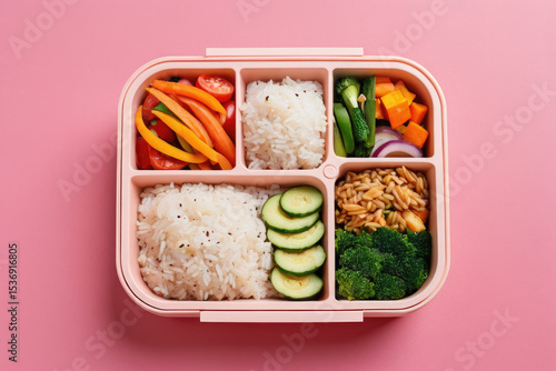 A traditional Japanese lunch box filled with steamed rice and colorful vegetables